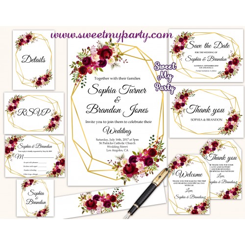 Burgundy Wedding Invitation set,Geometric Wedding invitation set,(116w)
